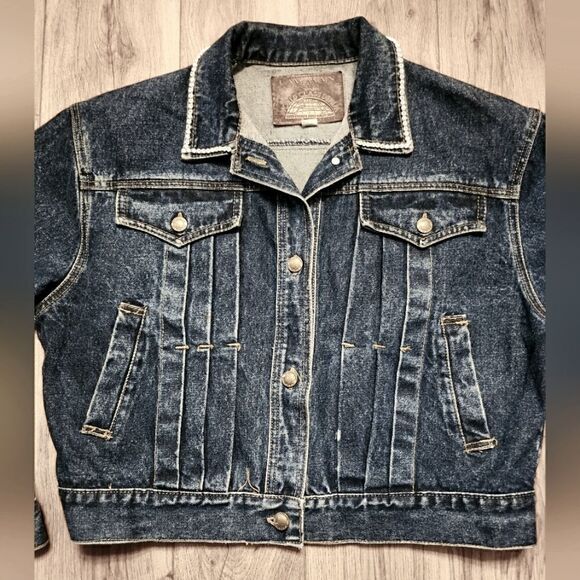 Vintage 90's Lawman Rhinestones Cropped Denim Jean Jacket Size M - Picture 3 of 8